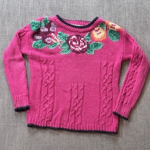 The Eagles Eye Kids Large Pink Floral Cable Knit Sweater Vintage 1991
